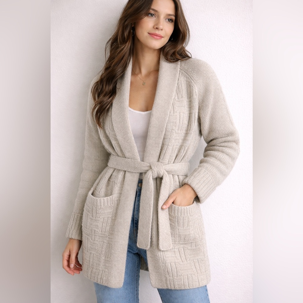 VTG Mohair Wool Blend Belted Long Geometric Cardigan Sweater - sz S/M